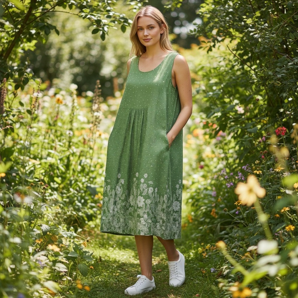 Ulla Popken Floral Polka Dot Dress Womens 32/34‎ Green Sleeveless Pockets NWT